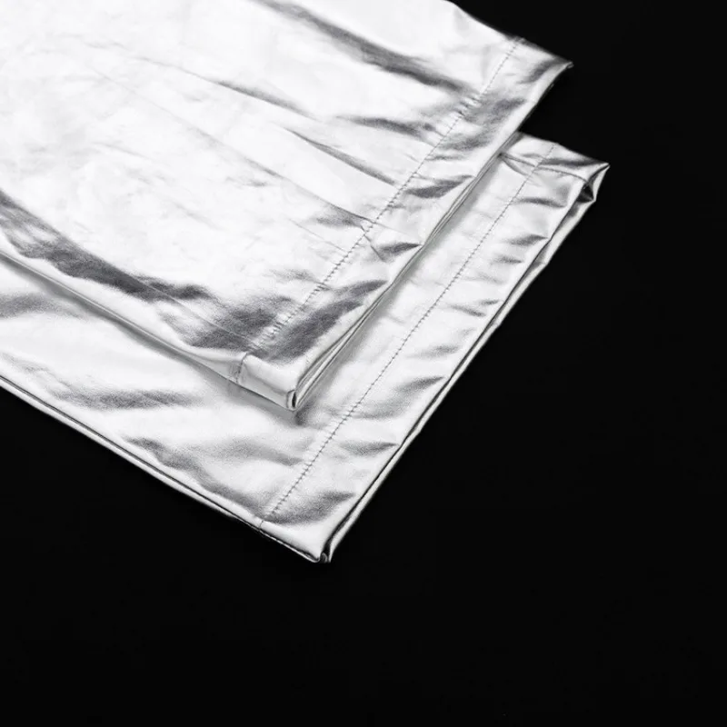 Pantalones de PU plateados para mujer, moda 2025, cintura alta, sueltos, pierna ancha, ropa de fiesta para chicas, ropa de calle, pantalones largos para mujer, otoño