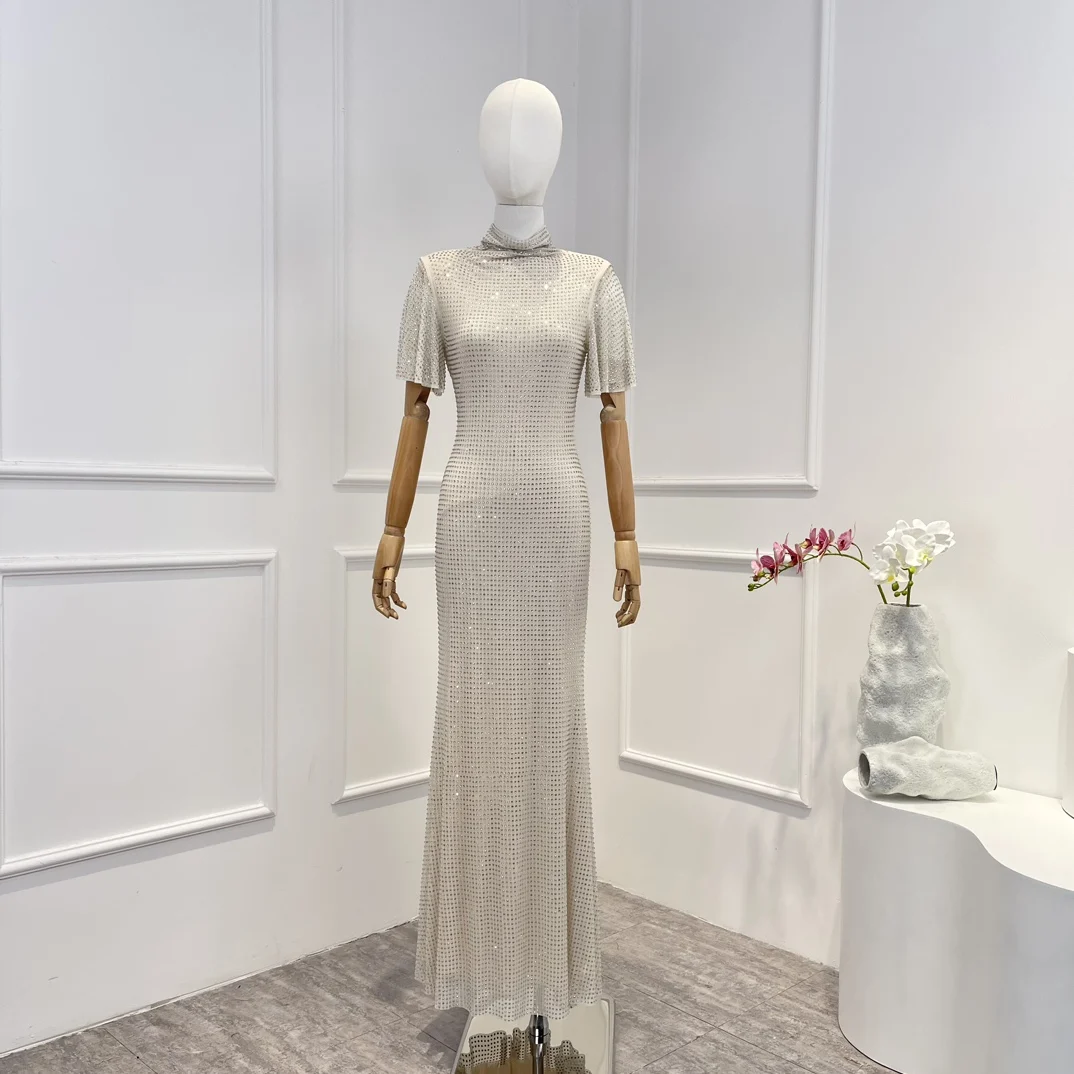 

Diamonds White Bodycon Long Dress for Party Mermaid Ruffle Sleeve Turtle Neck 2023 New Top Quality Autumn Elegant Woman Clothes