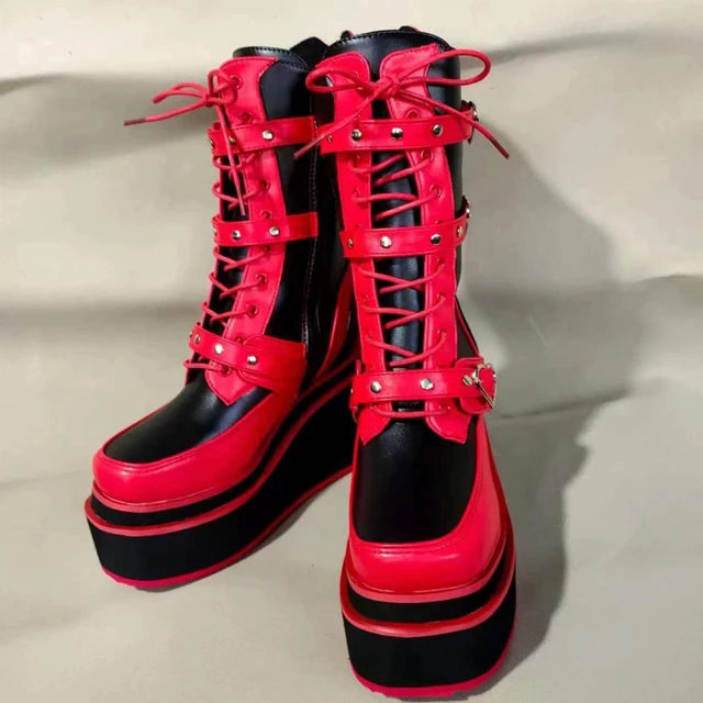 Thick Bottom Big Red Boots Fashion Punk High Top Mid Calf Boots Belt Buckle  Metal Decoration Side Zipper Red Bottom Boots - AliExpress