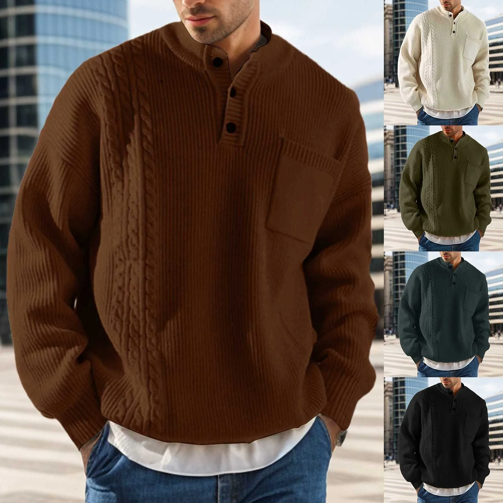 

Autumn Winter Men's Button Crewneck Sweater Men Knit Pullover Rollneck Knitted Sweater Warm Men Jumper Loose Casual Sweater Coat