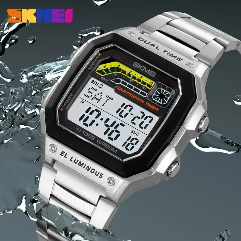 SKMEI 2307 Luxury Countdown LED Display Stainless Steel Mens Wristwatches Waterproof Sports Digital Watch for Men Shockproof
