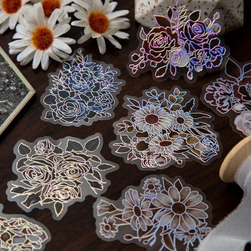 

20Pcs Laser Silver Sticker Flower Dream Song Dark Flower Handbook Supplies Children Dairy handmade Materials diy 13*9CM