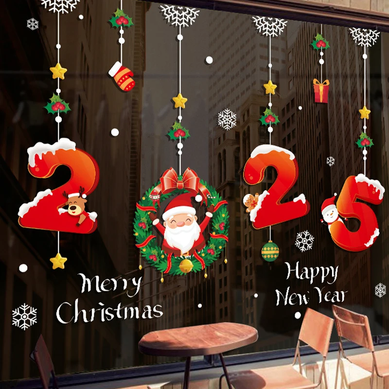 Happy New Year Glass Stickers Creative Christmas Scene Snowflake Window Decals Home Decorations Pvc Static Cling Glass Film