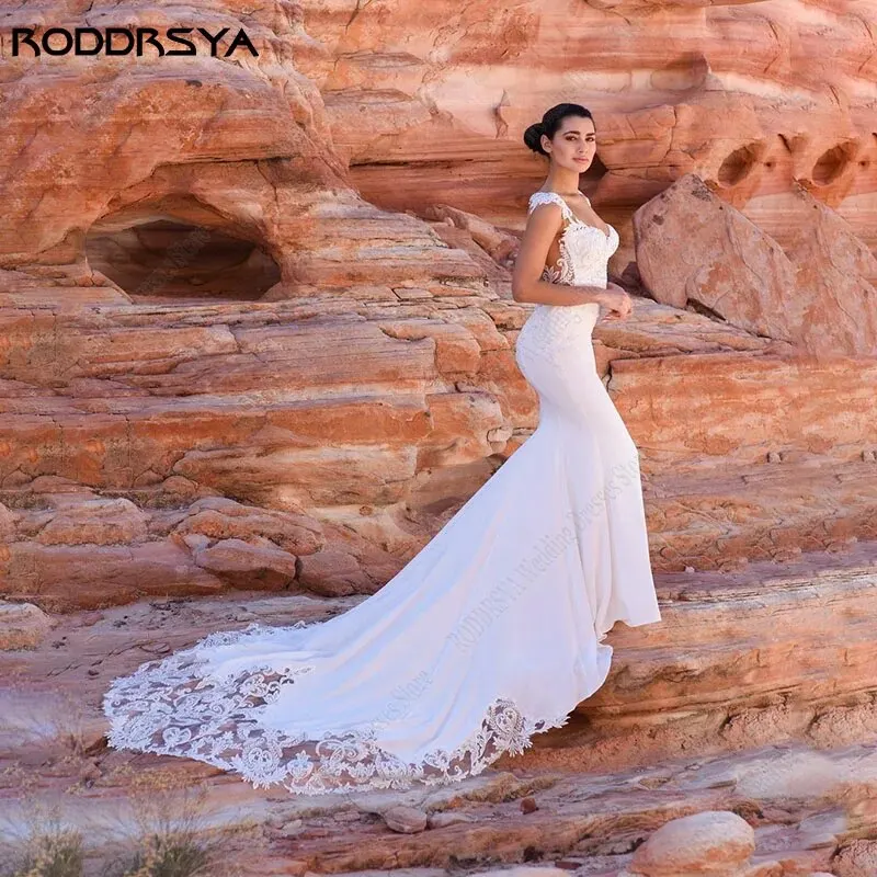 

Mermaid Wedding Dress For Bride Satin Appliques Sweep Train Bridal Gowns Lace Straps Boho Vestidos De Novia Playa