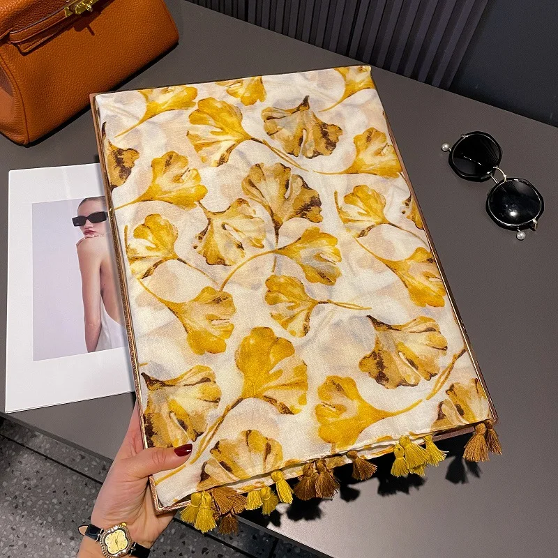 Boho Mode Ginkgo Biloba Floral Quaste Viskose Schals Schal Dame Hohe Qualität Wrap Strand Stola Bufandas Moslemisches Hijab 180*90 cm – Detail 4