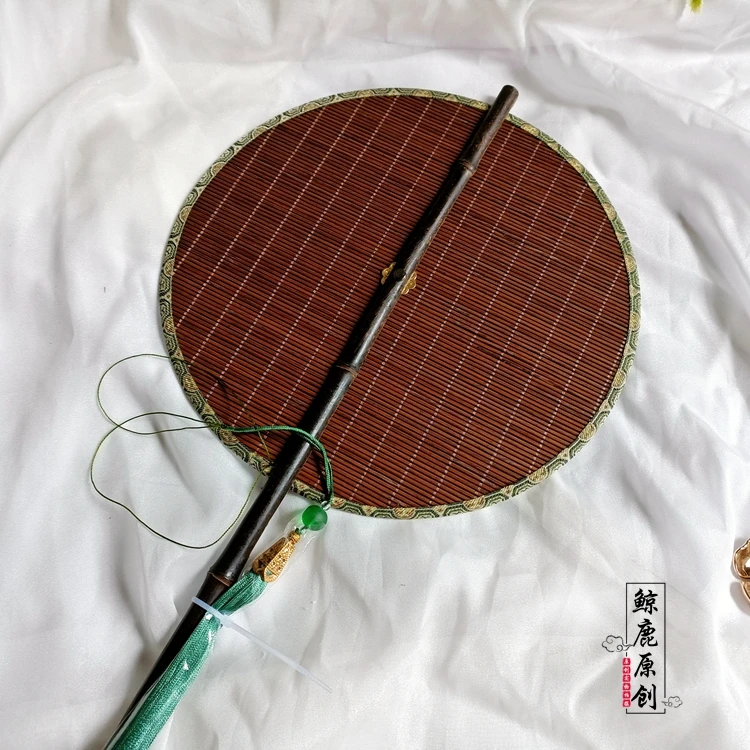 Printed Black Bamboo Long Handle Waist Fan Foldable Rotating Circular Fan Photo Props