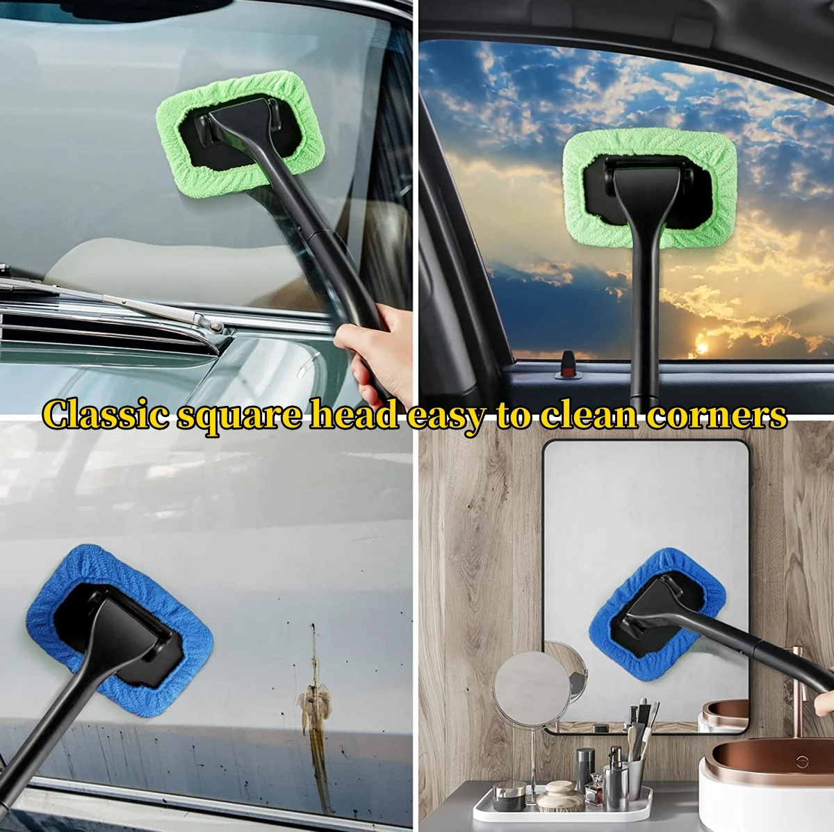 3-Piece Long Handle Windshield Defogging and Dust Removal Cleaning Set with Reusable Cloth Pads