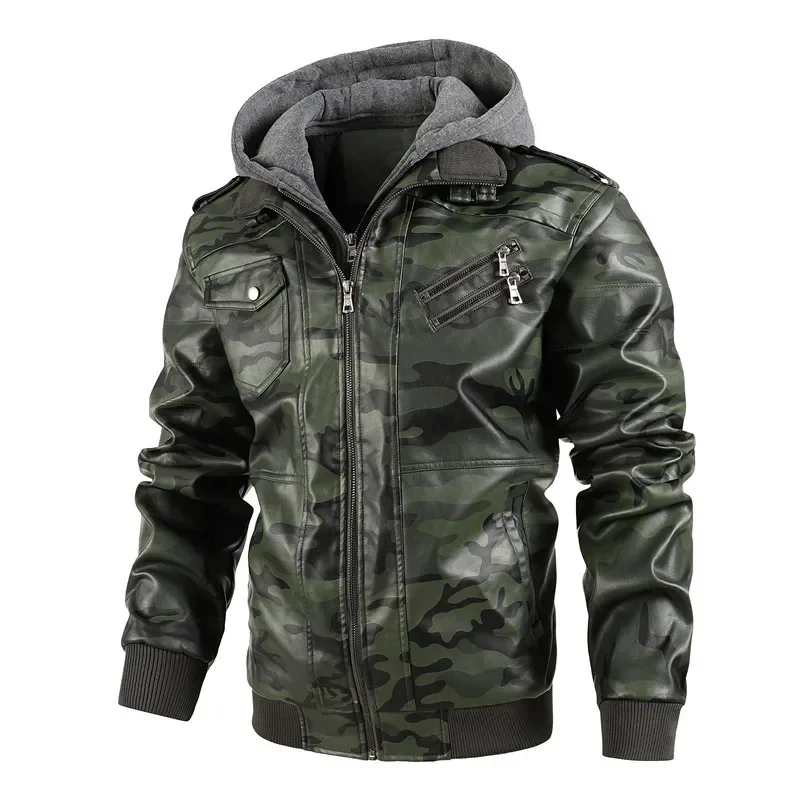

Mens Jacket Autumn Winter Green Hooded Casual Pocket Zipper Straight Youth Stand Collar Coat Fashion PU Leather Men