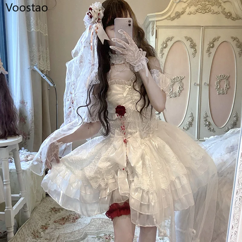 Gothic Lolita Princess Dress Vintage Terror Blood Bride Halloween Party Female Y2k Bandage Rose Lace Mini Dress
