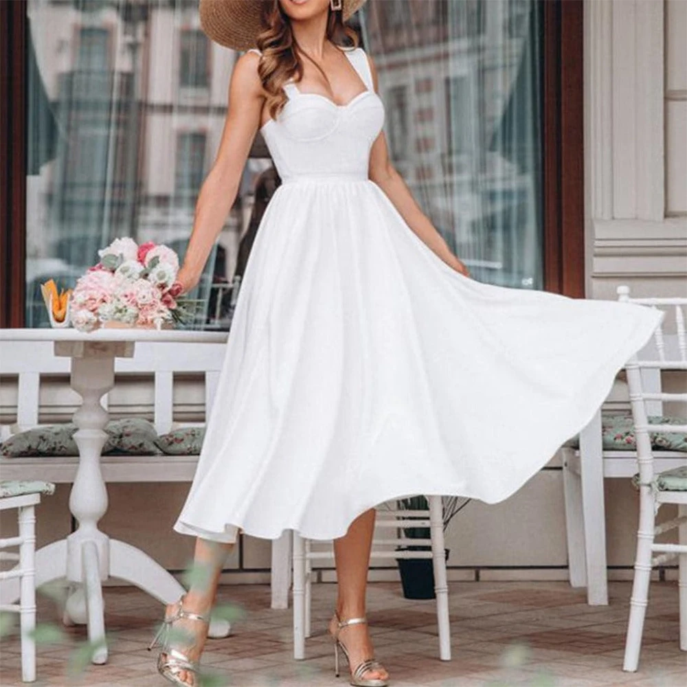 

Challoner Simple Short Wedding Dresses Sweetheart Sleeveless Plain Satin Boning Shoulder Straps A Line Bridal Gown Tea Length