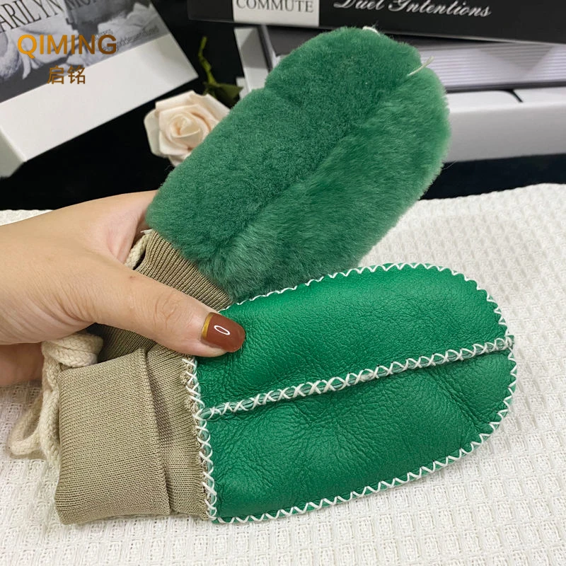 Winter Outdoor Girl Mittens Boys Kids Real Sheep Fur Gloves Warm Wool Gloves Children's Sheepskin Leather Plush Guantes Mitten