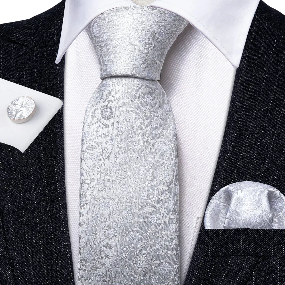 

White Silk Baby Paisley Floral Men Tie Wedding Gift Barry.Wang Designer NeckTie Handkerchief Cufflink Set Business Groom LN-5921