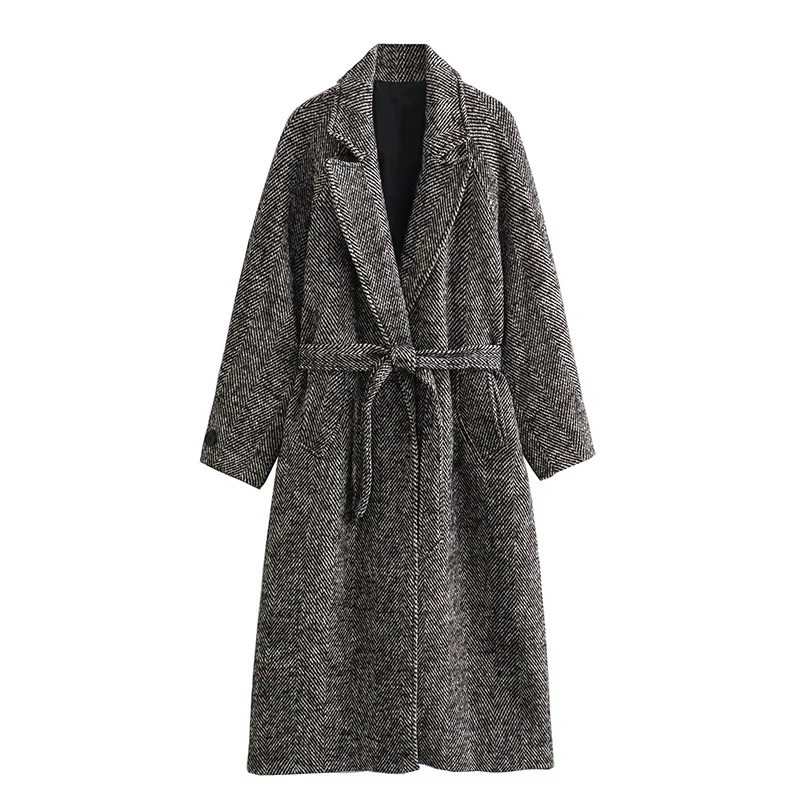 

TRAF 2023 Belt Long Wool Coat for Women Herringbone Twill Overcoat Long Sleeve Streetwear Coat Woman Autumn Elegant Outwears