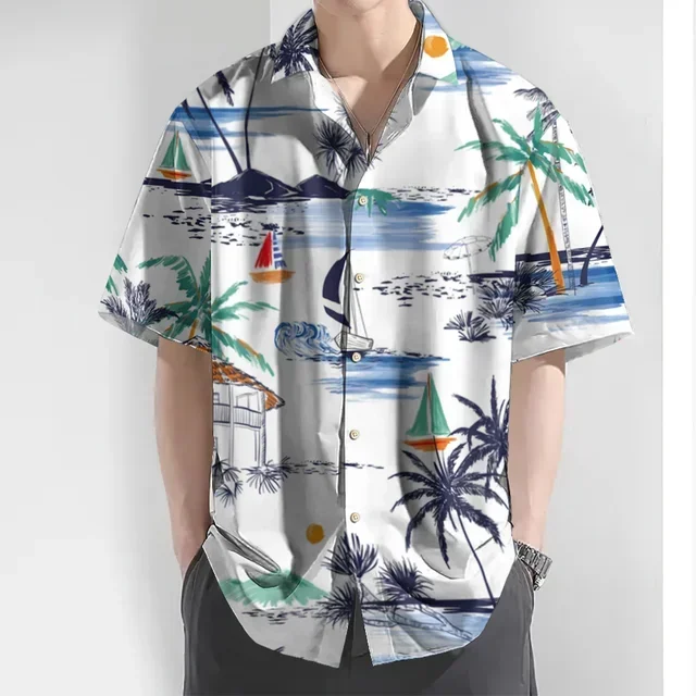 

New Hawaiian Shirt For Men3d Coconut Tree Print Short Sleeved Shirt Tops Daily Casual Male Clothing Loose Oversized Shirts 2024