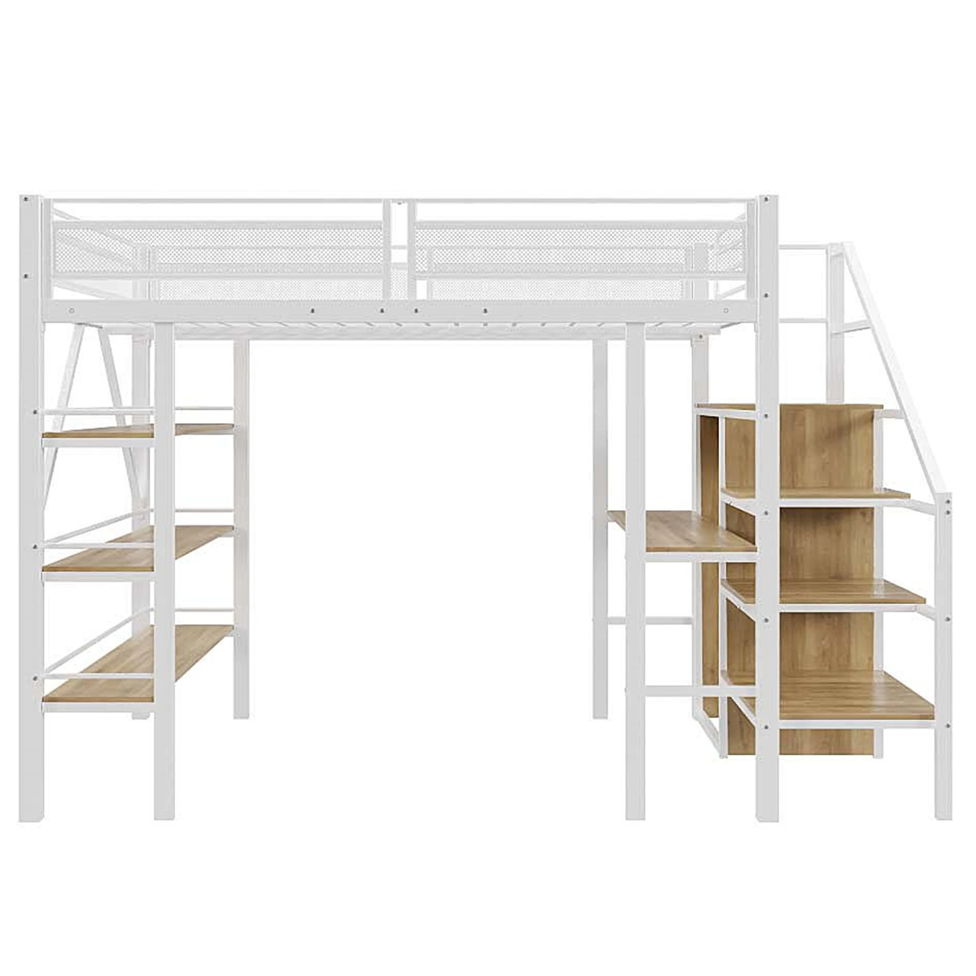KOMHTOM Eisenhochbett Einzelbett 140x200 cm mit dreilagigem Ablageregal Schreibtisch Kleiderschrank Sicherheitsstufen – Detail 6