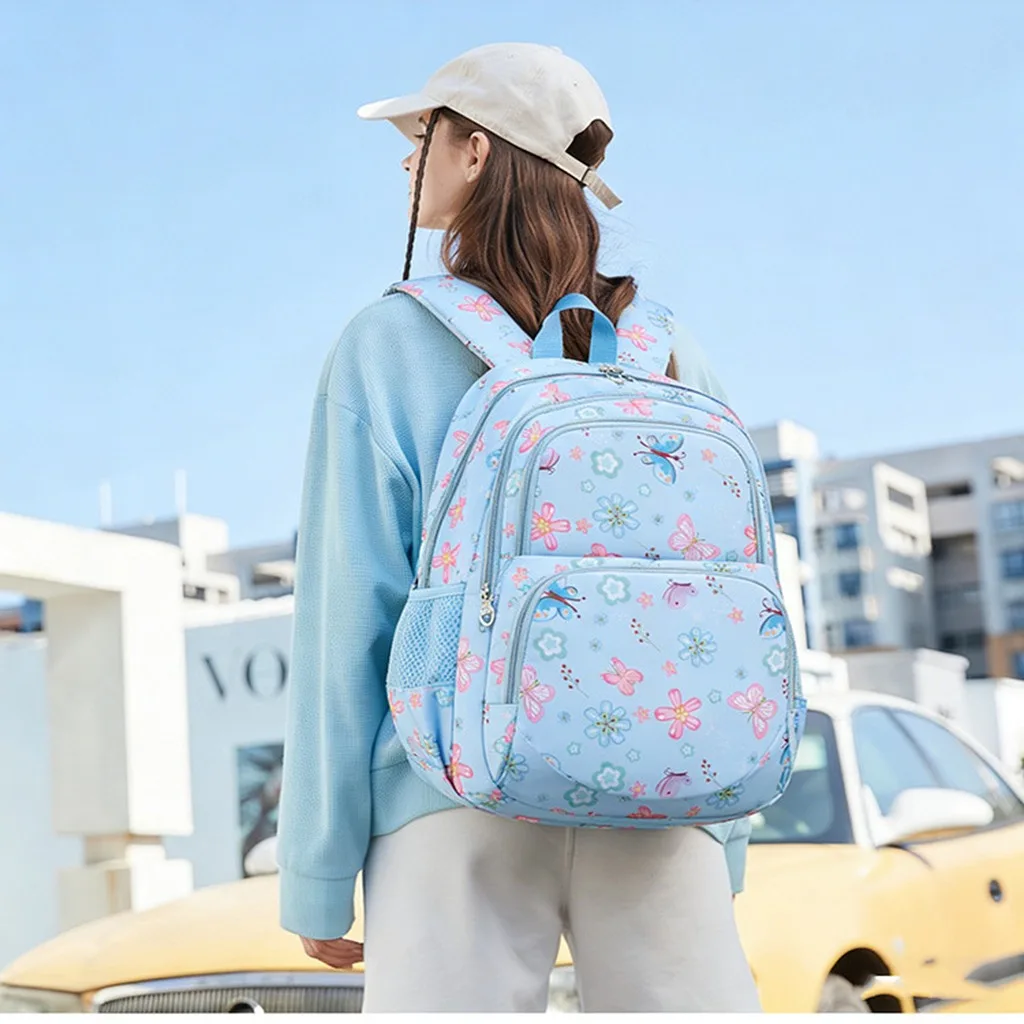 3-Piece Kids School Bag Set Butterfly Flower Print Water Resistant Lightweight Backpack With Insulated Lunch Bag Pencil Case 3