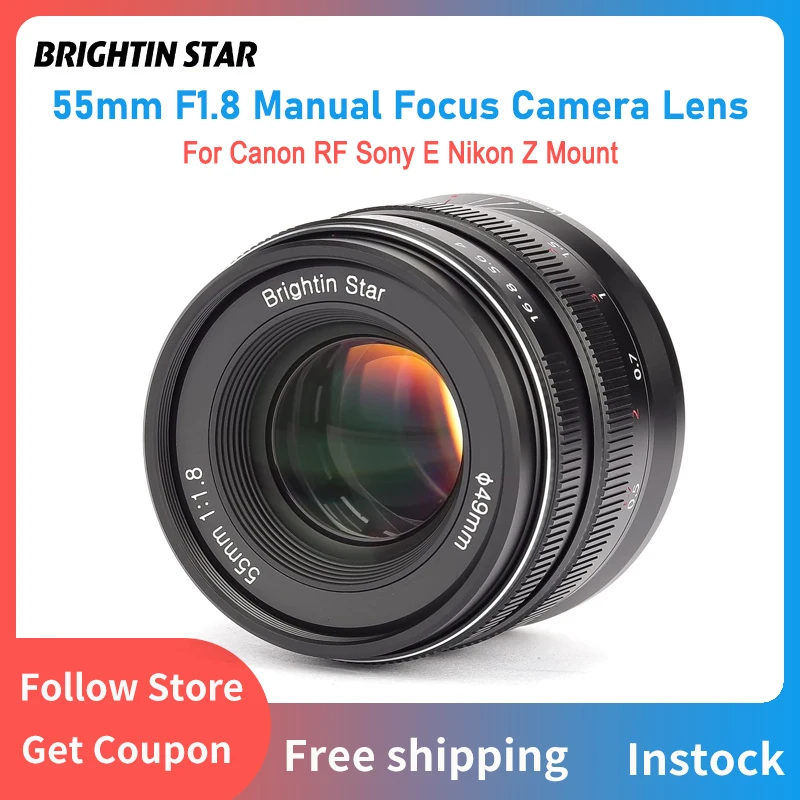 브라이트인 스타 55mm F1.8 풀프레임 대구경 수동 초점 카메라 렌즈 (캐논 RF, E, ZV-E10, 니콘 Z, Z-FC, Z30 마운트 호환)