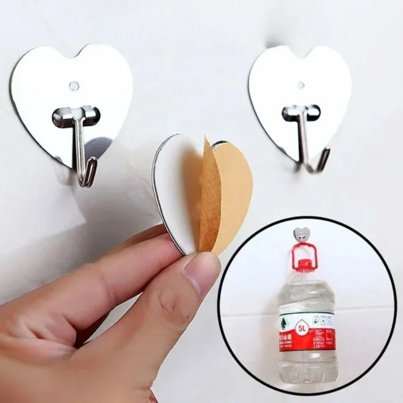 3pcs/set Heart Shape Adhesive Kitchen Strong Wall Door Hook Metal Stainless Steel Stick Hook Hanger Bathroom Hanger