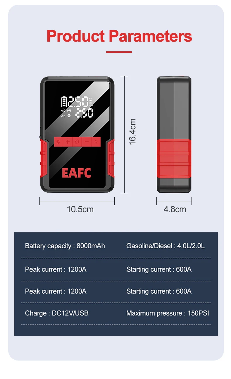 EAFC 1200A Auto Starthilfe 150PSI Luftkompressor 8000 mAh Tragbarer Booster Leistungsstarke Autobatterie Startgerät Smart Clip – Detail 14