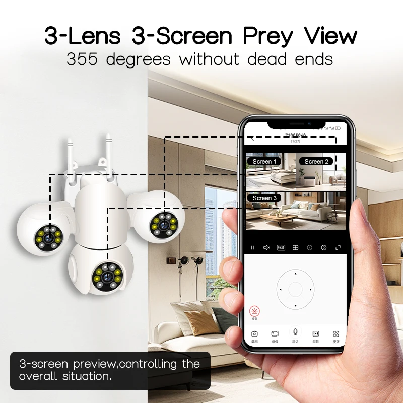 15MP HD IP Wifi Ai Tracking Security Alarm Two-way Audio CCTV Video Security Cam Camera PTZ Three screens Three lens Color Night 5