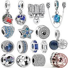 100% Real 925 Sterling Silver Blue And White Gasket Beads Charms Fit Original Pandora Bracelets Bangle For Women Jewelry Gift