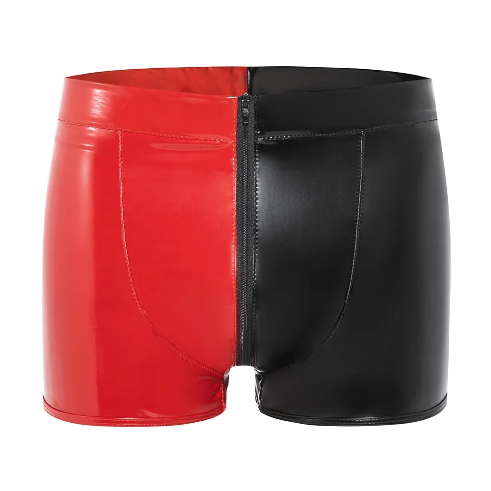 S-5XL Men Faux PU Leather Boxers Shorts PVC Trunks Zipper Open Crotch Boxer Short Pant Underwear Boxershorts Patchwork Underpant