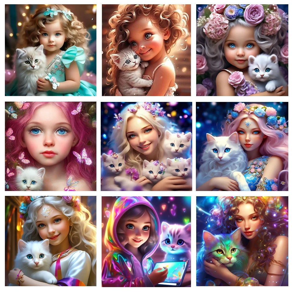 Cute Cartoon Girl With Cat Animal Fairy Dust Diamond Art Painting Fantasy Rainbow Elf Beauty Mosaic Cross Stitch Home Decor W638