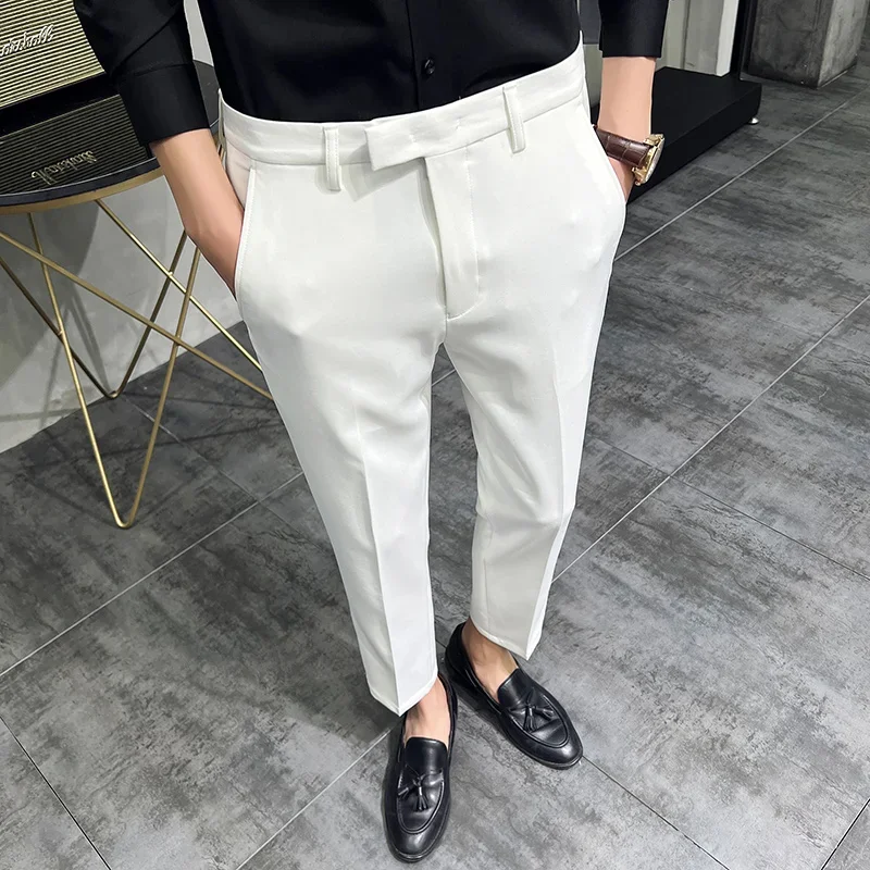 Summer Fashion Mens Dark Green Suit Pants Pure Color Business Occupation Slim Fit Dress Office Ankle Trousers