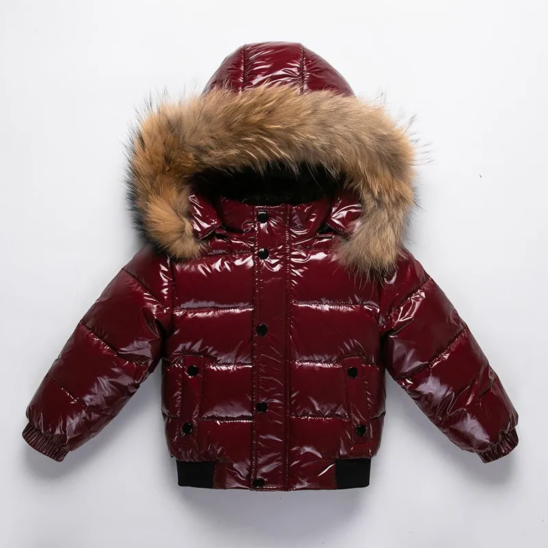 2025 Winter Toddler Boys Down Jacket Fur Waterproof Shiny Thicken