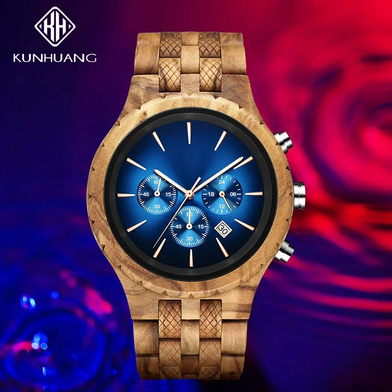 Luxury Handmade Wooden Watch with Multifunction Dial and Luminous Chronograph