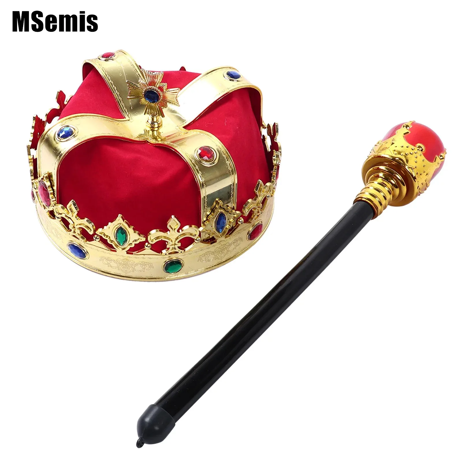 

Kids Children Fancy Dress King Crown Hat Scepter Shiny Gemstone King Prince Crown Cap Outfit Cosplay Halloween Costume Accessory