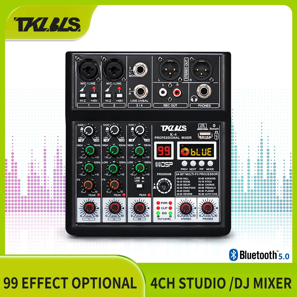 Audio Mixer 4-Channel Audio Mixer TKLBLS DJ Mixer with USB Audio Interface Bluetooth Function 99 DSP Effects and 3-Band EQ Stage Outdoor