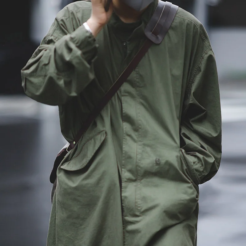 

Men's Vintage M51 Fishtail Army Green And Camel Trench Coat Woven Waist Rope Mid-length Oversized Loose Military