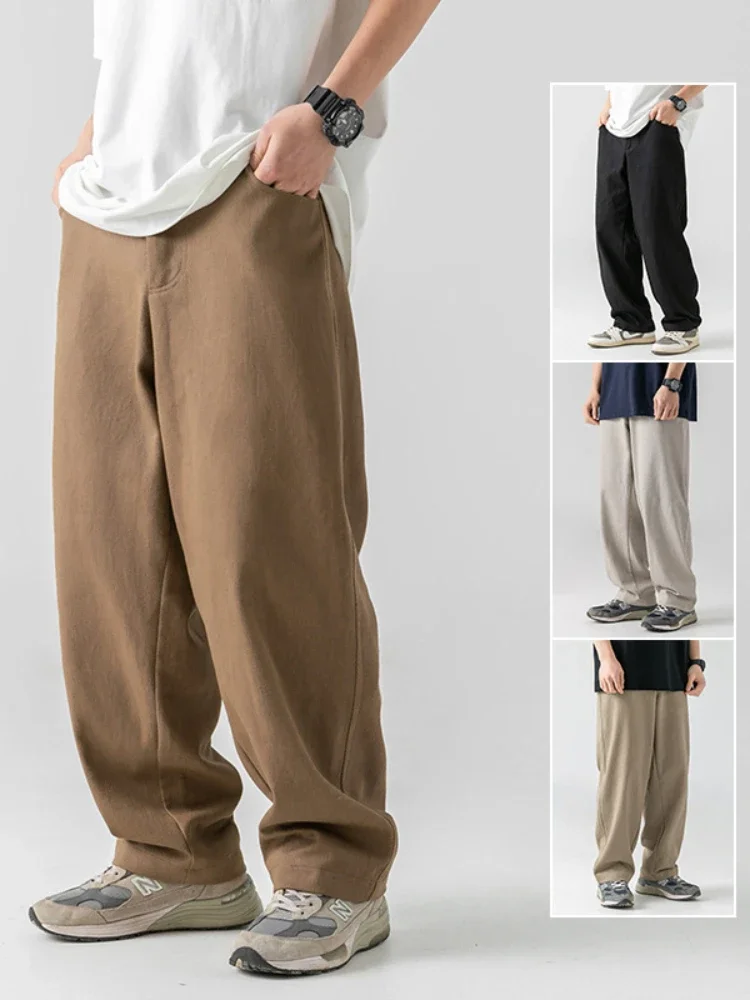 New Cargo Pants Men 100% Cotton Loose Japanese Streetwear Fashion Wide Leg Pants Solid Color Basic Straight Leg Casual Pants