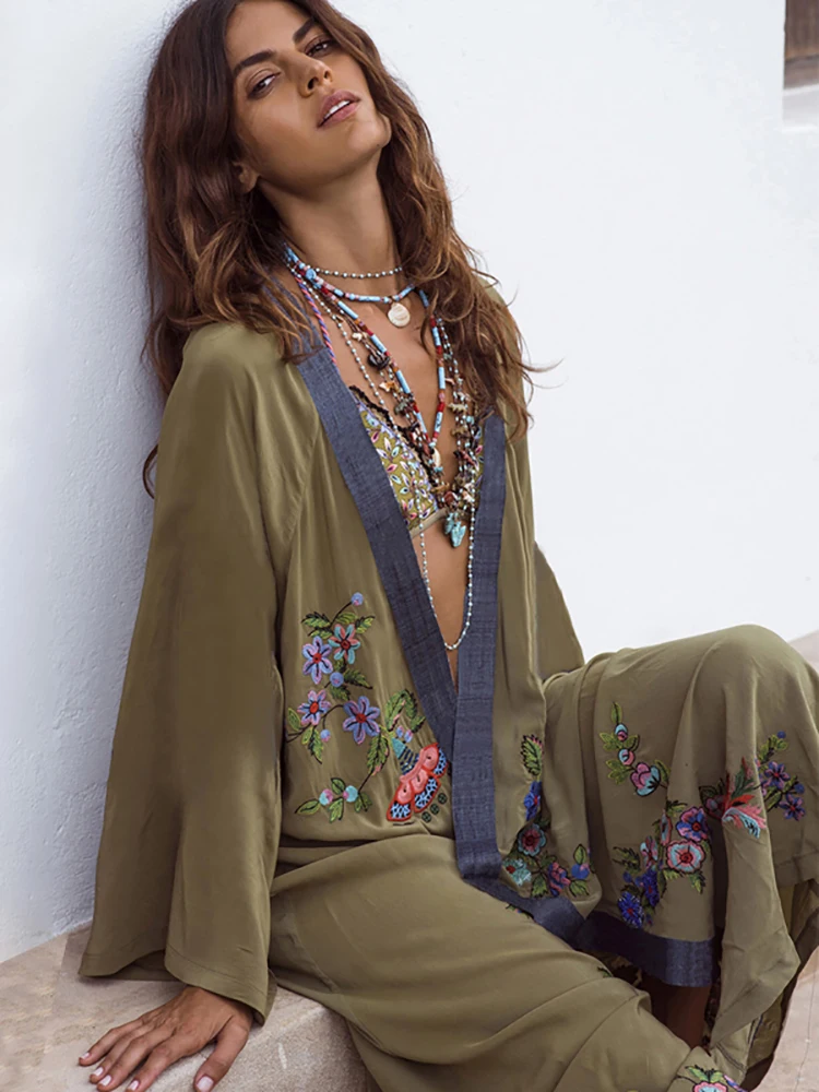 Fitshinling Flowers Embroidery Beach Kimono Holiday Army Green Vintage Swimwear Cover-Ups Long Sleeve Autumn Outer Cover beach cover swimsuit cover beach dress