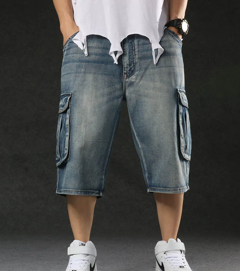 Men Summer Denim Shorts Streetwear High Quality Cotton Jeans Patch Pattern Straight Cargo Breeches