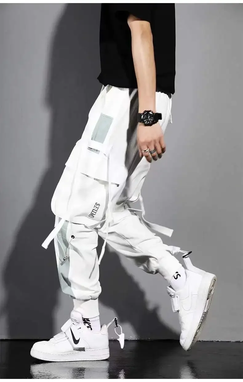 Classic Streetwear Casual Men Ribbons Harem Jogging Pants Male Slim Fit Spring Cargo Pants Multi-Pockets Women Trousers K94 5