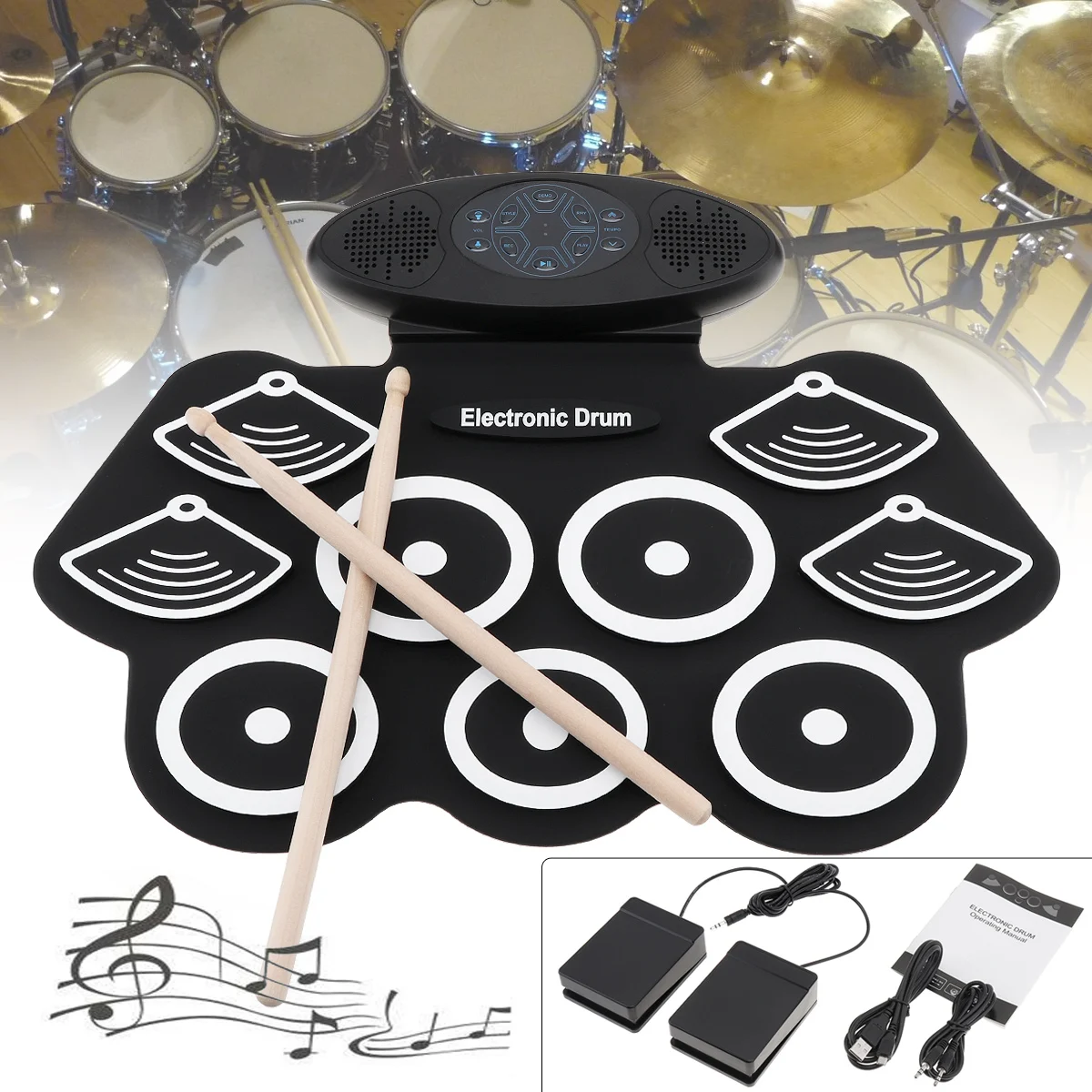 Electronic Drums 9 Pads Electronic Roll up Drum Thicken Silicone Double Speakers Stereo Electric Drum Kit