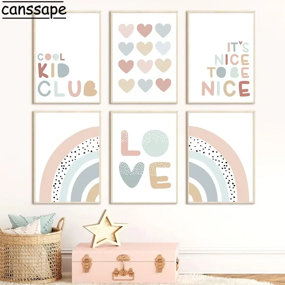 

Rainbow Canvas Pictures Love Hearts Art Prints Cool Kid Club Wall Art Nordic Wall Painting Nursery Poster Baby Girls Room Decor