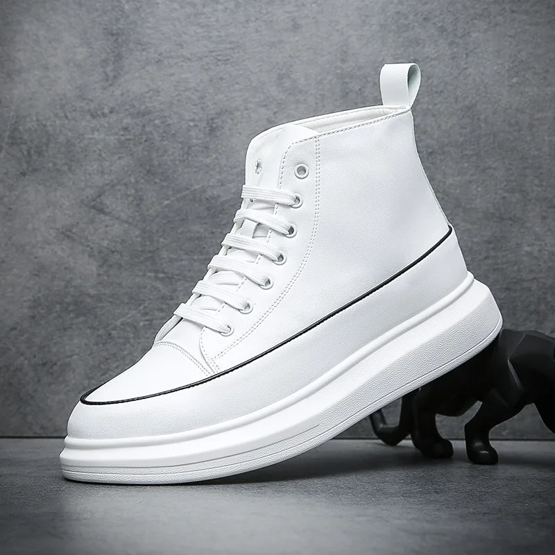 

mens casual boots lace-up flats shoes breathable genuine leather boot handsome street style platform ankle botas white sneakers