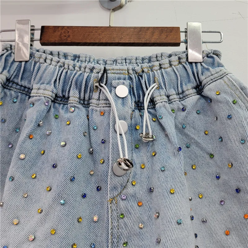 2023 New Spring Summer Full Body Colorful Diamond High Waist Denim Shorts Women Loose Slimming Wide Leg Shorts Femme Short Jeans