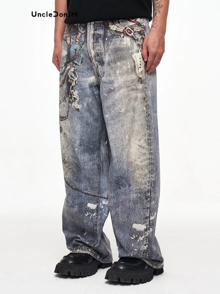 3D Printed Trouser Chain Loose Washed Digital Graffiti Keychain Printed Jeans Men Luxury Jeans 4