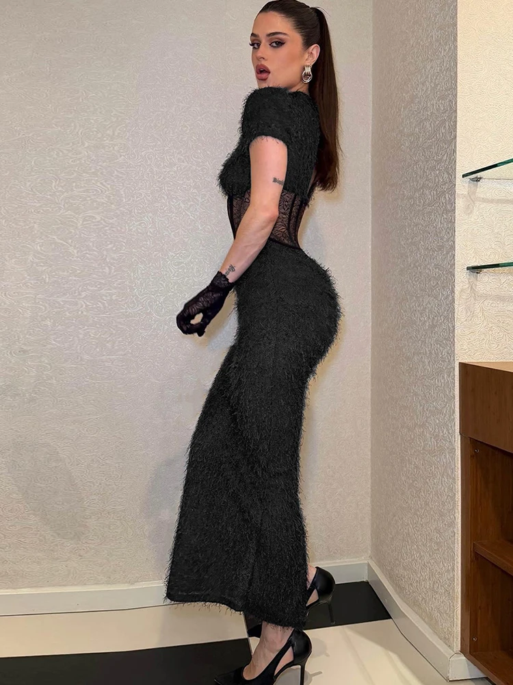 Nibber Sexy Patchwork Lace Maxi Dress Women False Fishbone Decoration o-Neck Button See Through Skinny Party Midnight Vestidos