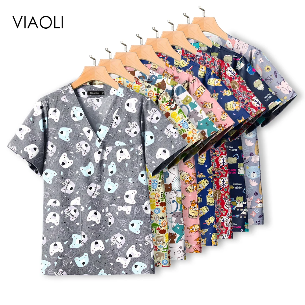 순면 간호사 유니폼 클래식 프린트 반팔 셔츠, 여성용 의료 의류, 편안한 수술 가운, 인기 판매