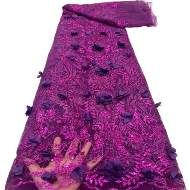 

Nigerian Sequins Lace Fabric Purple High Quality African Lace French Tulle 3D flower Embroidery Lace Fabrics For Party Dress