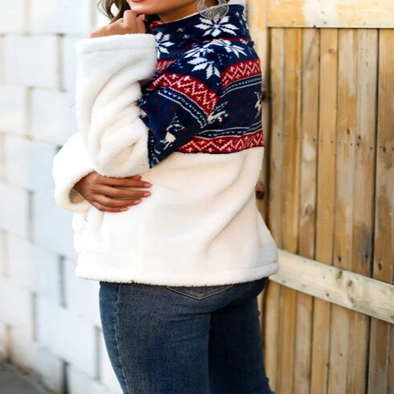 Women 2024 Autumn Winter Fashion Korean Fleece Christmas Stand Collar Pullover Female Pattern Print Loose Patchwork Sweatshirt
