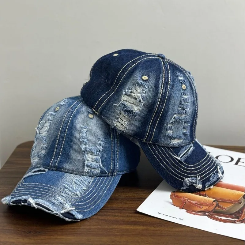 

2024 New Personalized Washed Denim Ripped Baseball Hat Outdoor Men's Leisure Adjustable Sunshade Sports Cap Gorras Hombre