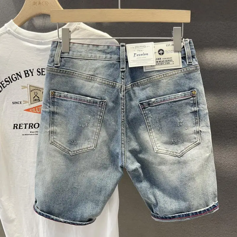 Light blue ripped denim shorts men's summer thin slim Korean style trendy men's cropped pants