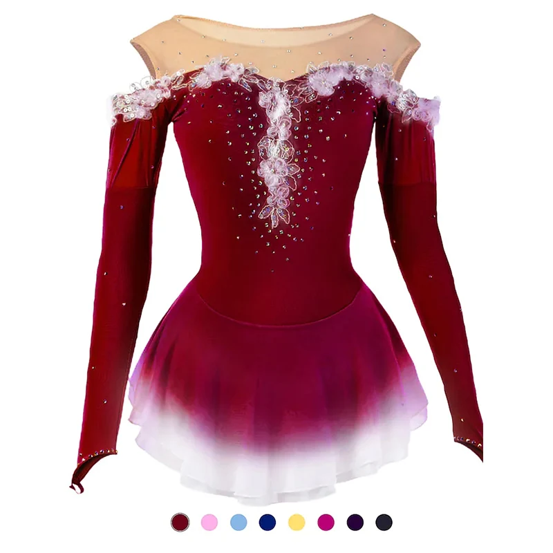 Women Girls Ice Skating Dress Lace Flower Patchwork Rhinestone Figure