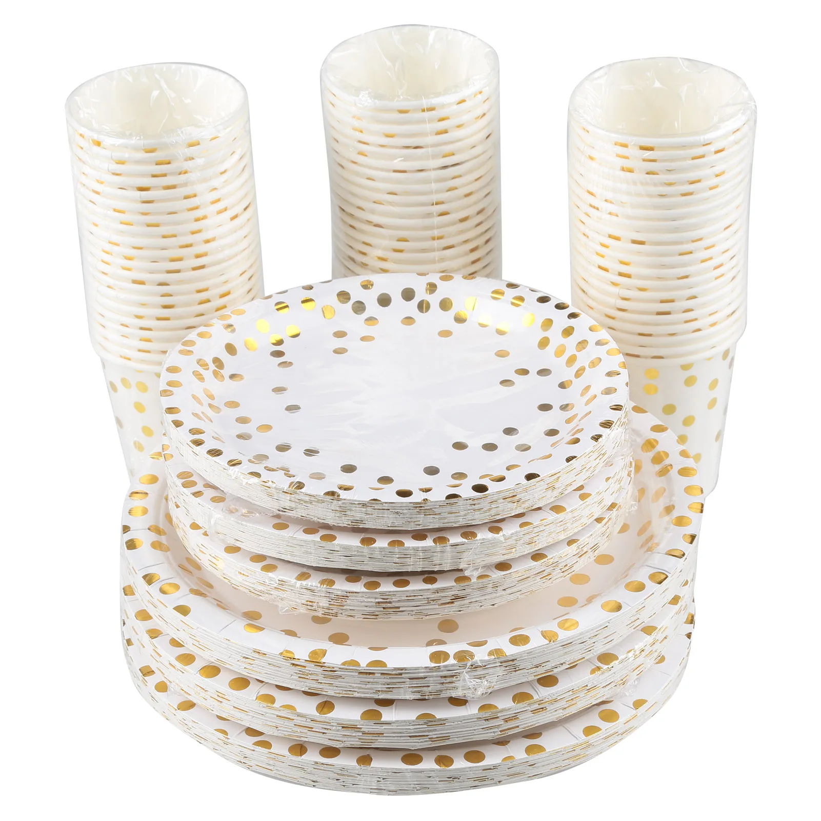 60pcs 9oz Paper Cups+60pcs 7-inch Plates+60pcs 9-inch Plates Set of 180pcs Disposable Drinkware & Dishware with Golden Plates
